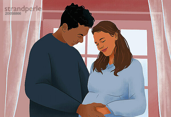 Glückliches  liebevolles schwangeres gemischtrassiges Paar  das sich am Fenster umarmt