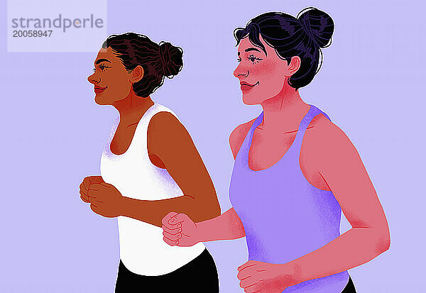 Lächelnde Freundinnen trainieren  joggen auf violettem Hintergrund