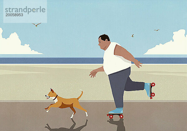 Übergewichtiger Mann rollt mit Hund auf der Strandpromenade Rollschuh