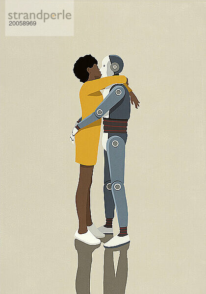 Frau umarmt und küsst Roboterfreund