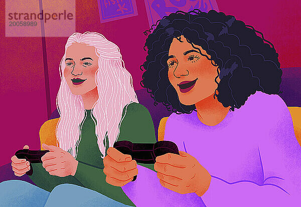 Fröhliche junge Freundinnen  die gemeinsam Videospiele spielen