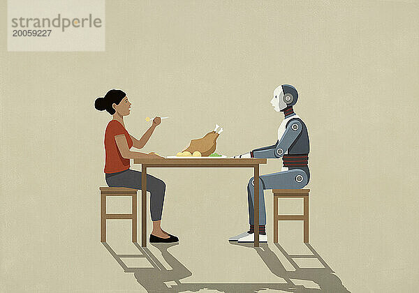 Frau isst Abendessen mit Roboterfreund am Esstisch