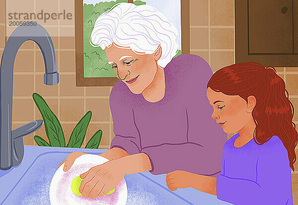 Großmutter und Enkelin spülen gemeinsam am Spülbecken