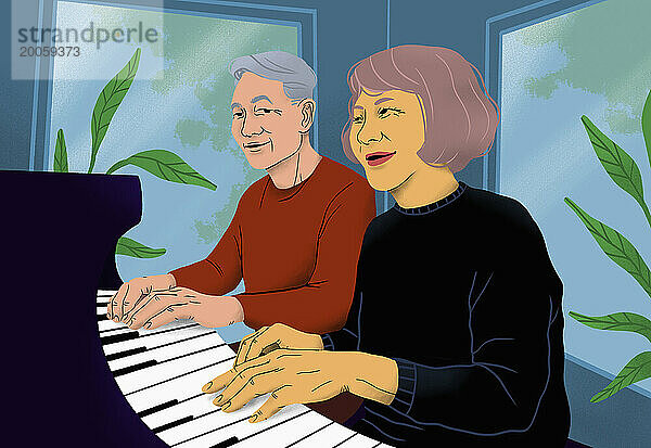 Glückliches älteres Paar  das zu Hause gemeinsam Klavier spielt