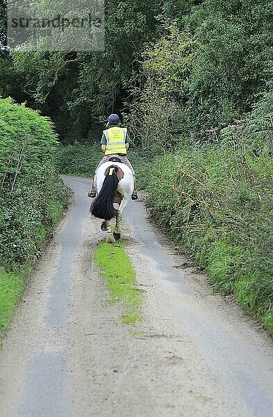 Frau reitet auf einem Pferd über einen ruhigen Feldweg  Eyke  Suffolk  England  UK