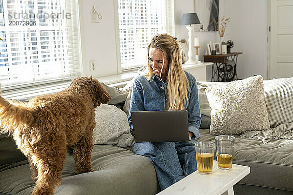 Attraktive blonde Frau sitzt auf ihrem Sofa und spricht mit ihrem Hund  indem sie ihm Zuneigung schenkt  während sie an ihrem Laptop arbeitet