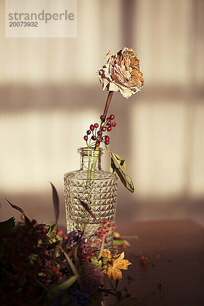 Schöne Blumen sitzen in einer Vase auf einem Tisch. Blumenarrangement aus getrockneten und frischen Blumen