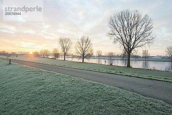 Schöner Wintermorgen auf einem Feld. Die Sonne geht auf  klarer Himmel