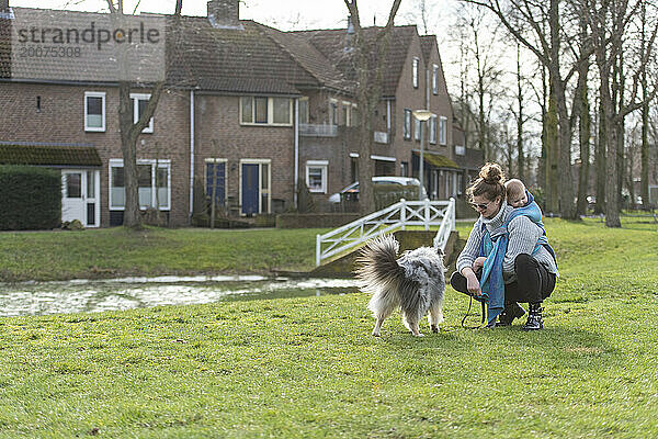 Frischgebackene Mutter mit Baby in Bio-Wiege geht mit ihrem Hund im örtlichen Park spazieren