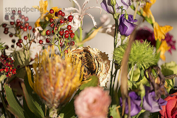 Schöne Blumen sitzen in einer Vase auf einem Tisch. Blumenarrangement aus getrockneten und frischen Blumen