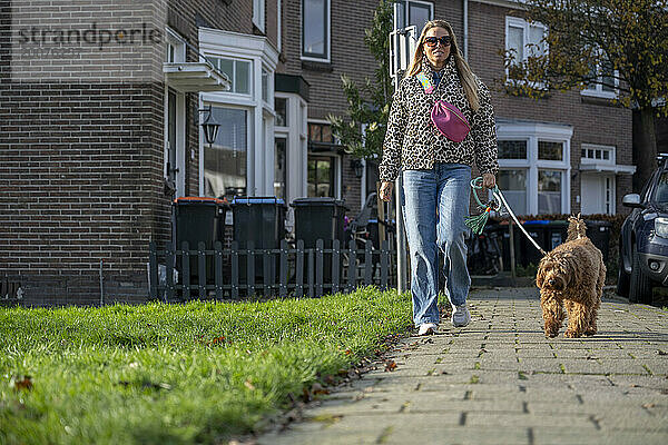 Attraktive  modische Frau geht mit ihrem Hund spazieren