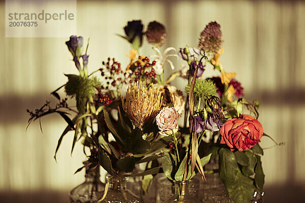 Schöne Blumen sitzen in einer Vase auf einem Tisch. Blumenarrangement aus getrockneten und frischen Blumen