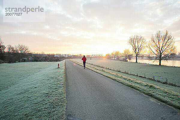 Schöner Wintermorgen auf einem Feld. Die Sonne geht auf  klarer Himmel. Morgenjugger