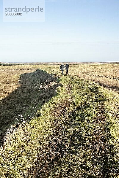 Zwei Personen  die auf der Küstenschutzmauer in der Shingle Street spazieren gehen  Suffolk  England  Großbritannien  Europa