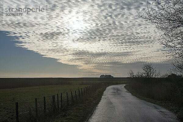 Ein getigerter Himmel oder Buttermilchhimmel aus Altocumuluswolken über Shingle Street  Suffolk  England  Großbritannien  Europa