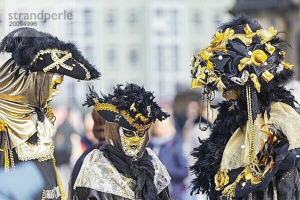 LUST & LEIDENSCHAFT & LEBENSFREUDE  aus Freude an der Maskerade fand der Elbvenezianische Carneval am Wochenende vorm Rosenmontag in Dresden statt. Höhepunkt war das gemeinsame Flanieren durch das historische Zentrum mit Masken in Roben im Stil des Elbvenezianischen Carneval vom Neumarkt ging es durch die Altmarktgalerie  die Schlossstraße  durch den Stallhof  am Fürstenzug entlang  auf die Brühlsche Terrasse und in den Brühlschen Garten.  Dresden  Sachsen  Deutschland  Europa