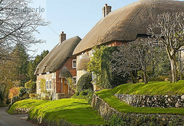 Attraktive traditionelle reetgedeckte Cottages im Dorf Woodborough  Wiltshire  England  UK