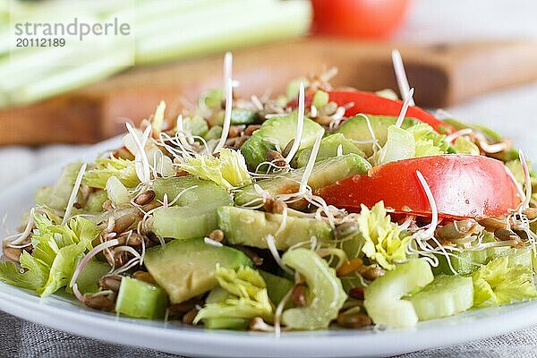 Vegetarischer Salat aus Sellerie  gekeimtem Roggen  Tomaten und Avocado auf Leinentischdecke  Nahaufnahme  selektiver Fokus  Seitenansicht