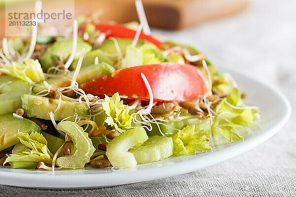 Vegetarischer Salat aus Sellerie  gekeimtem Roggen  Tomaten und Avocado auf Leinentischdecke  Nahaufnahme  selektiver Fokus  Seitenansicht