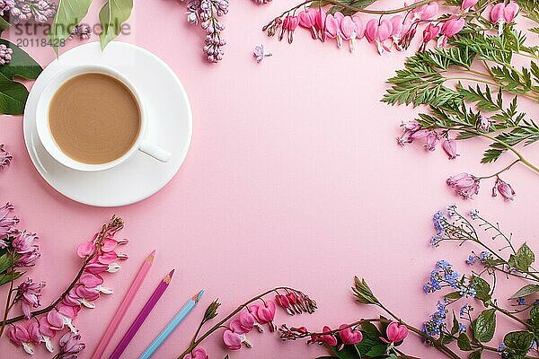 Lila Flieder und blutenden Herzen Blumen und eine Tasse Kaffee auf Pastell rosa Hintergrund. Morninig  Frühling  Mode Zusammensetzung. Flachlage  Draufsicht  Kopierraum