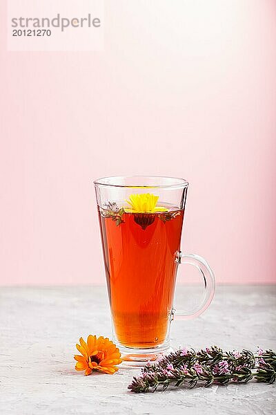 Glas Kräutertee mit Calendula und Ysop auf einem grauen und rosa Hintergrund. Morgens  Frühling  gesundes Getränk Konzept. Seitenansicht  selektiver Fokus  Kopierraum