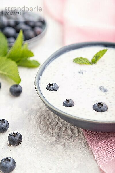 Joghurt mit Blaubeeren in einer Keramikschale auf grauem Betonhintergrund und rosa Leinenstoff. Seitenansicht  Nahaufnahme  selektiver Fokus