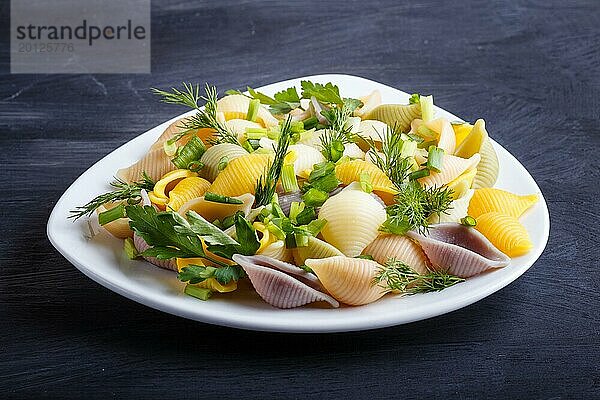 Conchiglie farbigen Nudeln mit frischem GrünGemüse auf schwarzem Holz Hintergrund. Nahaufnahme  selektiver Fokus