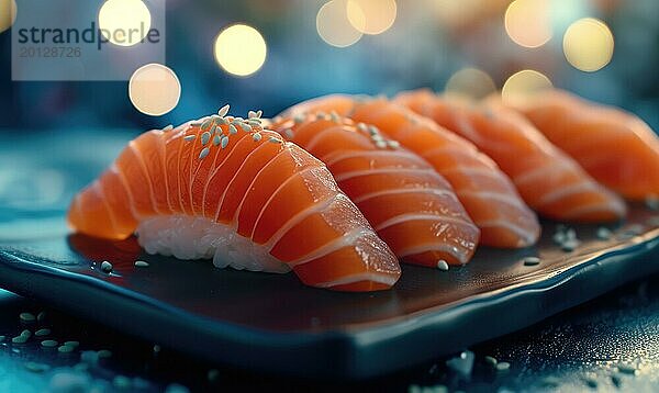 Lachs Sushi auf einem blauen Teller mit Bokeh Hintergrund AI generiert  KI generiert