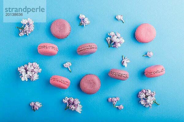 Lila und rosa Macaron oder Makronen Kuchen mit lila Blumen auf pastellblauem Hintergrund. Morninig  Frühling  Mode Zusammensetzung. Flachlage  Draufsicht  Muster