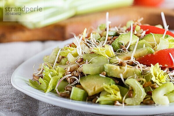 Vegetarischer Salat aus Sellerie  gekeimtem Roggen  Tomaten und Avocado auf Leinentischdecke  Nahaufnahme  selektiver Fokus  Seitenansicht