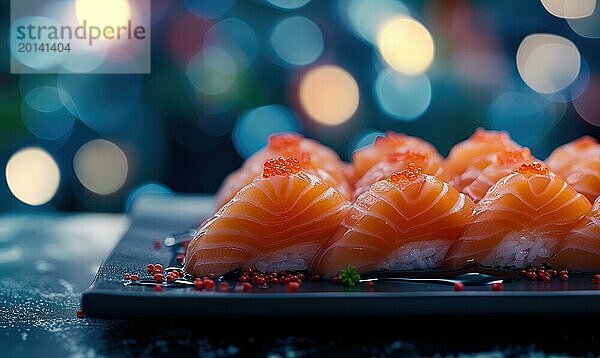 Lachs Sushi auf einem blauen Teller mit Bokeh Hintergrund AI generiert  KI generiert