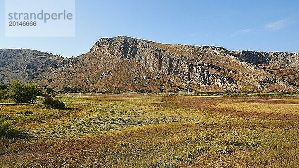 Weite Wiesenlandschaft mit Bergkulisse im Hintergrund unter blauem Himmel  Biotop Strofilia  Feuchtgebiete  Kalogria  Peloponnes  Griechenland  Europa