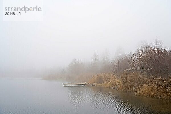 Ruhige Szene an einem einsamen See bei Magdeburg im Nebel