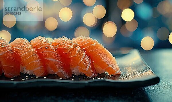 Lachs Sushi auf einem blauen Teller mit Bokeh Hintergrund AI generiert  KI generiert