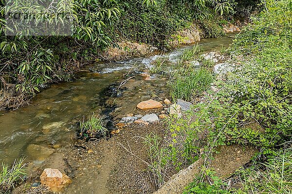 Kleiner Bach in ländlicher Umgebung  der an einem sonnigen Tag in Südkorea über Felsen und Geröll fließt