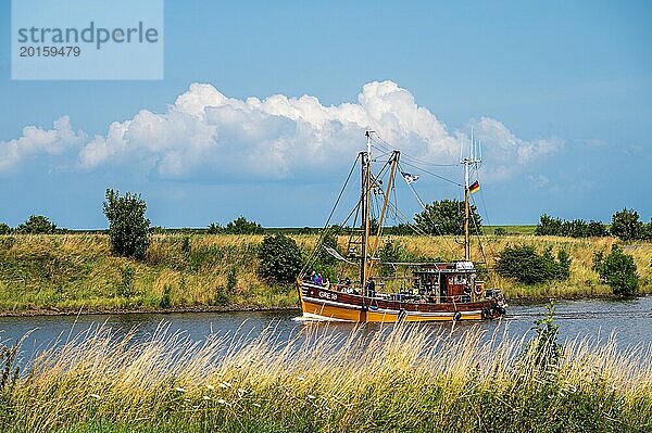 Ein traditionelles Fischerboot gleitet an einem sonnigen Tag den ruhigen Fluss entlang  Fischkutter  Greetsiel  Norden  Ostfriesland  Niedersachsen