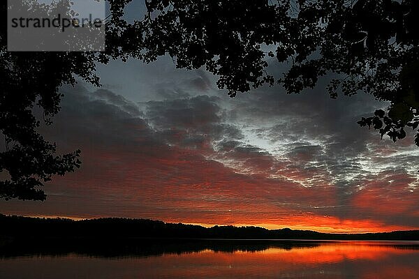 Sonnenaufgang mit Wolkenformation über einem See in Mecklenburg  Nationalpark Müritz  Mecklenburg-Vorpommern  Deutschland  Europa
