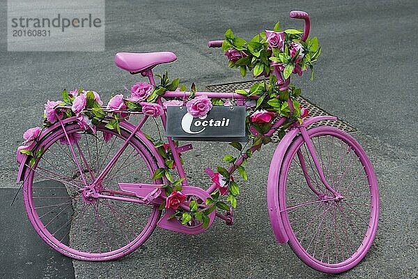 Blumengeschmücktes rosa Fahrrad  Rad  Pink  dekoriert  Blumen  Hippie  mobil  Mobilität  angemalt  Symbol  Verkehr  Verkehrswende  Werbung  bunt  kreativ  fröhlich  romantisch  Stadtverkehr  Straßenverkehr