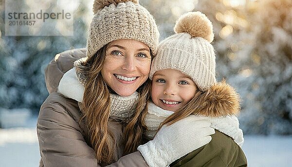 KI generiert  Mensch  Menschen  Person  Personen  Frau  Frauen  Kind  Kinder  zwei Personen  Mutter und Tochter umarmen sich  Umarmung  freuen sich aufeinander  genießen den Schnee  lachen  lächeln  Außenaufnahme  Eis  Schnee  Winter  Jahreszeiten  Mütze  Pudelmütze  Handschuhe  Winterjacke  kalt  Kälte