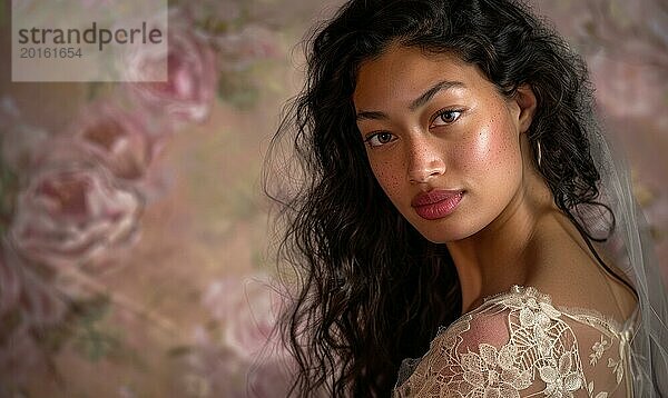 Porträt einer Frau mit natürlicher Schönheit in einem Spitzenkleid  weichen Ausdruck mit Blumen im Hintergrund AI generiert  KI generiert