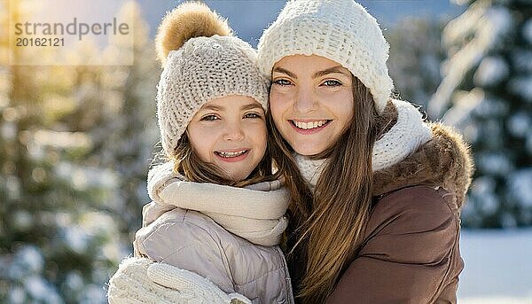 KI generiert  Mensch  Menschen  Person  Personen  Frau  Frauen  Kind  Kinder  zwei Personen  Mutter und Tochter umarmen sich  Umarmung  freuen sich aufeinander  genießen den Schnee  lachen  lächeln  Außenaufnahme  Eis  Schnee  Winter  Jahreszeiten  Mütze  Pudelmütze  Handschuhe  Winterjacke  kalt  Kälte