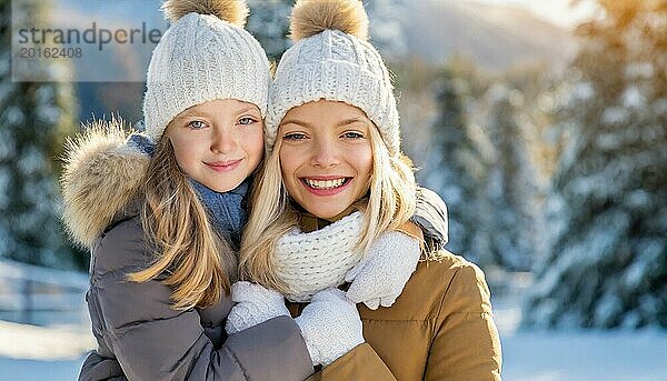 KI generiert  Mensch  Menschen  Person  Personen  Frau  Frauen  Kind  Kinder  zwei Personen  Mutter und Tochter umarmen sich  Umarmung  freuen sich aufeinander  genießen den Schnee  lachen  lächeln  Außenaufnahme  Eis  Schnee  Winter  Jahreszeiten  Mütze  Pudelmütze  Handschuhe  Winterjacke  kalt  Kälte