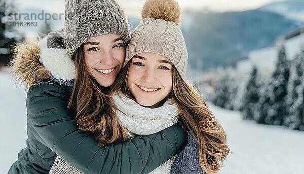 KI generiert  Mensch  Menschen  Person  Personen  Frau  Frauen  Mädchen  20  25  zwei Personen umarmen sich  zwei Freunde  Schnee  lachen  lächeln  Außenaufnahme  Eis  Winter  Jahreszeiten  Mütze  Pudelmütze  Handschuhe  Winterjacke  kalt  Kälte  Liebe  Zuneigung