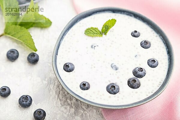 Joghurt mit Blaubeeren in einer Keramikschale auf grauem Betonhintergrund und rosa Leinenstoff. Seitenansicht  Nahaufnahme  selektiver Fokus