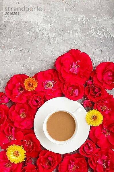 Rote Rose Blumen und eine Tasse Kaffee auf einem grauen Beton Hintergrund. Morninig  Frühling  Mode Zusammensetzung. Flachlage  Draufsicht  Kopierraum