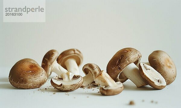 Frische Champignon Pilze auf weißem Hintergrund. Geringe Tiefenschärfe. AI generiert  KI generiert