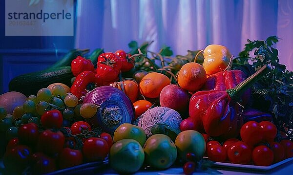 Obst und Gemüse. Gesunde Lebensmittel im Hintergrund. Selektiver Fokus. AI generiert  KI generiert