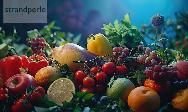 Obst und Gemüse. Gesunde Lebensmittel im Hintergrund. Selektiver Fokus. AI generiert  KI generiert