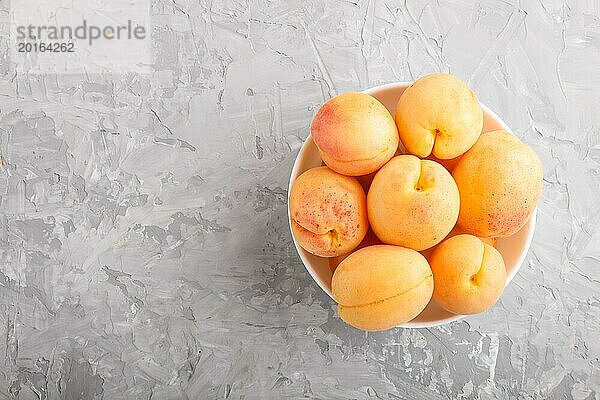 Frische orangefarbene Aprikosen in weißer Schale auf grauem Betonhintergrund. Draufsicht  flat lay  copy space