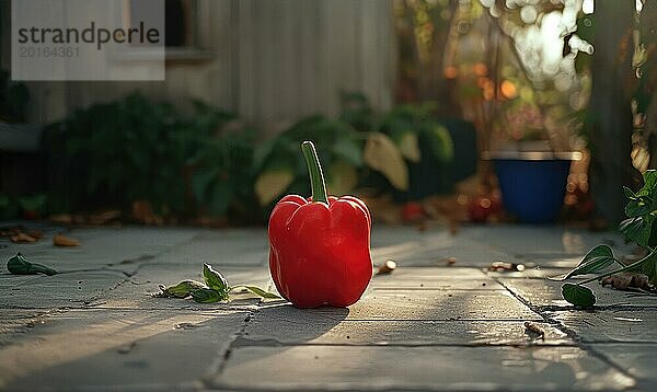 Rote Paprika auf dem Boden im Garten bei Sonnenuntergang. Selektiver Fokus AI erzeugt  KI generiert